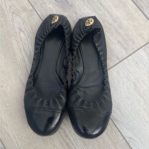 Tory Burch Black Leather Flats with Gold Logo